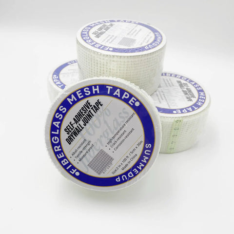 Fiberglass Drywall Repair Tape Self Adhesive Mesh, 2 Inch by 100 Ft Roll, stacked rolls showing front labels.