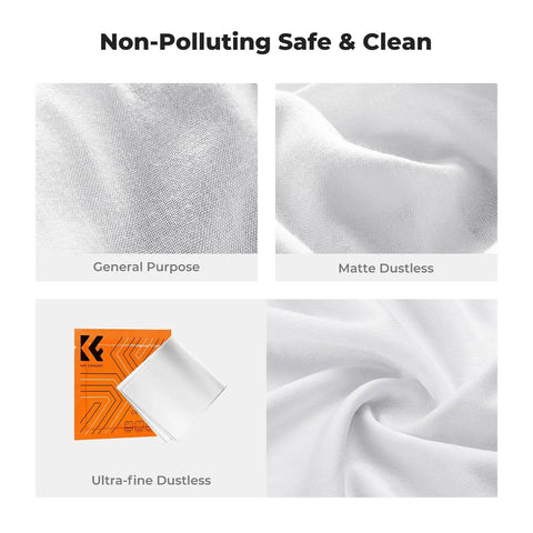 White non-polluting cloths labeled for general, matte dustless, and ultra-fine dustless use with packaging visible.
