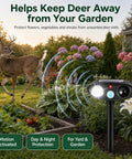 Deer Repellent Pack 4 With Solar Powered Ultrasonic Motion Sensor and LED Flashlight IP65 Waterproof Cat and Rabbit Deterrent for Outdoor Gardens and Yard No Go Zone Keeps Flowers Safe From Browsing Deer and Wildlife, solar stake in garden