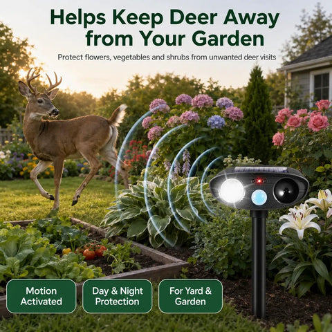 Deer Repellent Pack 4 With Solar Powered Ultrasonic Motion Sensor and LED Flashlight IP65 Waterproof Cat and Rabbit Deterrent for Outdoor Gardens and Yard No Go Zone Keeps Flowers Safe From Browsing Deer and Wildlife, solar stake in garden