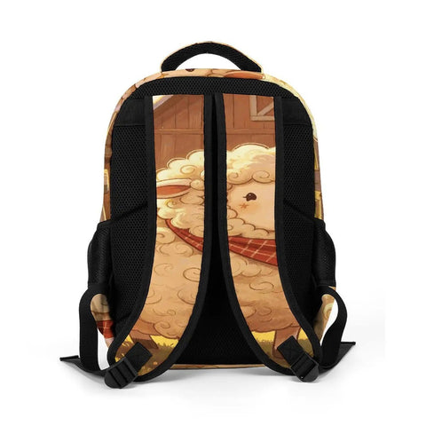 Back view of Farmhouse Lamb Print Backpack showing straps and lamb design, unisex large capacity daypack made of durable breathable polyester