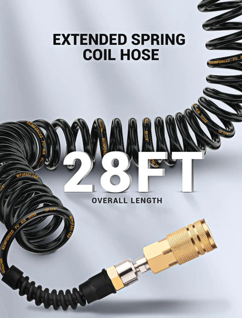 1/4 In Polyurethane Recoil Air Hose With 28 Ft Length, Brass Fittings, shown coiled with extended springs, durable design