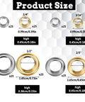 Image showing size chart for 200 Pcs Brass Grommets And Eyelets Kit With Washers For Fabric Clothes Canvas Curtains Bags And Leather Projects.