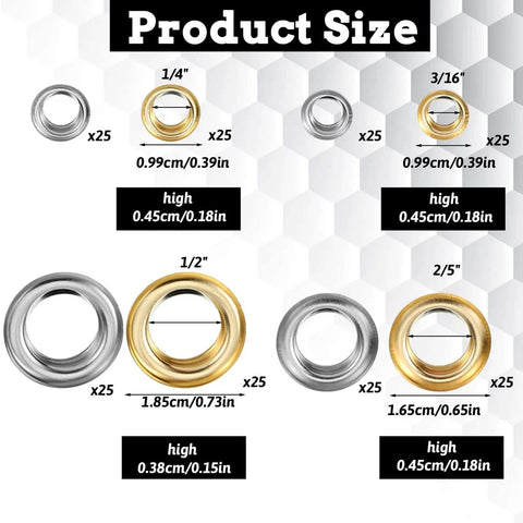 Image showing size chart for 200 Pcs Brass Grommets And Eyelets Kit With Washers For Fabric Clothes Canvas Curtains Bags And Leather Projects.