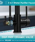 Close-up of 3 in 1 Spring Brushed Nickel Kitchen Faucet With High Arc, Single Hole Mount, Pull Down Sprayer, Built In RO Filtration, highlighting control handles and drip-free ceramic valve features.