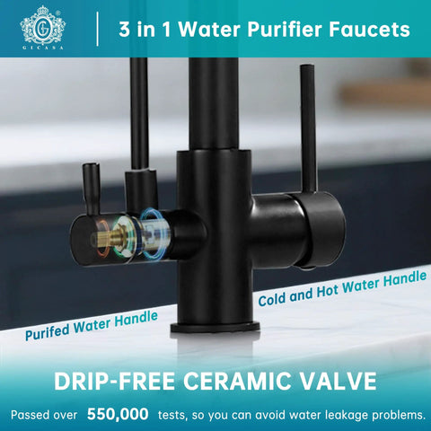 Close-up of 3 in 1 Spring Brushed Nickel Kitchen Faucet With High Arc, Single Hole Mount, Pull Down Sprayer, Built In RO Filtration, highlighting control handles and drip-free ceramic valve features.