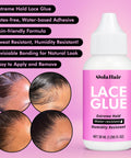 Image of Extreme Hold Lace Wig Glue Waterproof Bonding Adhesive For Wigs With Clear Drying Formula Invisible Bond Stays Put Ultra Strong Grip Sweat Resistant Dries Clear One Point Three Ounce bottle with close-up views of lace front wigs secured.