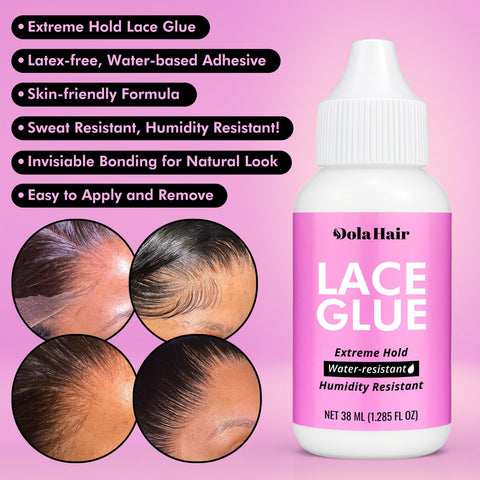Waterproof Lace Wig Glue Kit With 5 Piece Set And Remover, Wax Stick, Edge Control Gel, And Lace Melting Bands, Latex Free Water Based Front Adhesive 38ml bottle and application examples on wigs.
