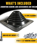 Pro Grade Heavy Duty Four Inch Metal Roof Pipe Boot Featuring Flexible Silicone Flashing Base For Corrugated Steel Roofs Tough As Nails Black Leak Proof Seal with included screws and accessories.