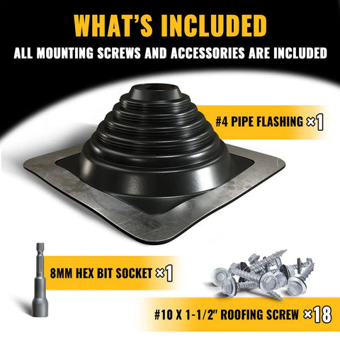Pro Grade Heavy Duty Four Inch Metal Roof Pipe Boot Featuring Flexible Silicone Flashing Base For Corrugated Steel Roofs Tough As Nails Black Leak Proof Seal with included screws and accessories.