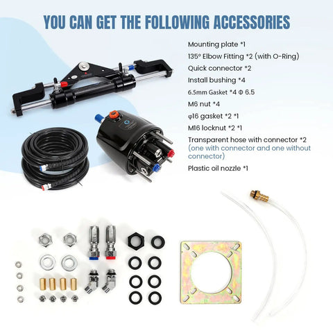 300HP Outboard Hydraulic Steering Kit With Pump Cylinder Two 26 Foot Nylon Hoses And Installation Accessories components