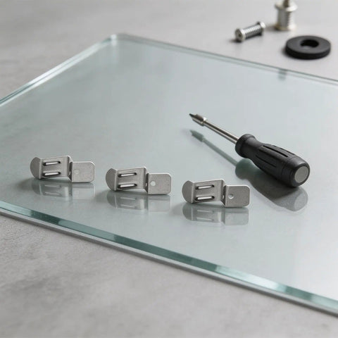 Glass Quick Mounting Hook Bracket Clips Set 50 Pcs with screwdriver on tempered glass surface