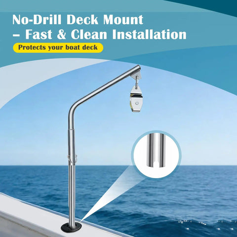 No-drill deck mount for Rugged Pro Grade 800 Lb 304 Stainless Steel Crab Pot Puller Davit Rig with pulley for easy installation.