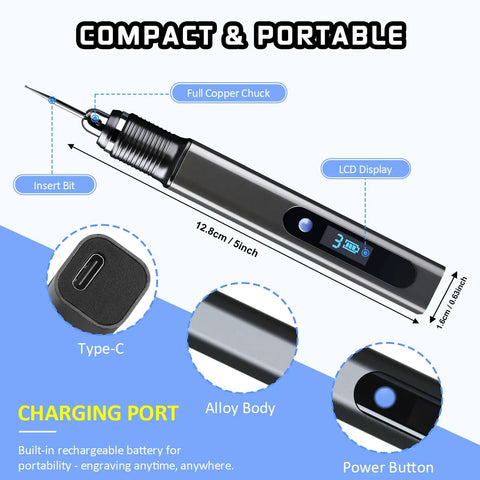 Upgraded 21000 RPM Cordless Engraving Pen Kit With Aluminum Alloy Body Rechargeable Engraver with insert bit and LCD display