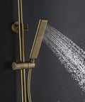 Slick Brushed Gold Thermostatic Shower System With Stable Flow Rainfall Head Wall Mounted Bathroom Faucet Set featuring handheld sprayer.