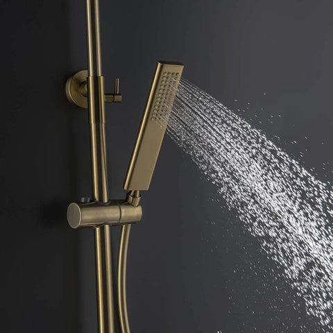 Slick Brushed Gold Thermostatic Shower System With Stable Flow Rainfall Head Wall Mounted Bathroom Faucet Set featuring handheld sprayer.