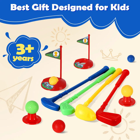 Toddler Golf Set With Easy Carry Cart, 4 color clubs, 4 balls, flags, holes, and ball seats for kids ages 3 to 5, indoor or outdoor play.