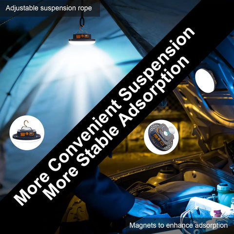 Crazy Bright 4000 Lumen Portable LED Camping Lantern With Digital Display and magnetic base used in tent and car engine scenarios.