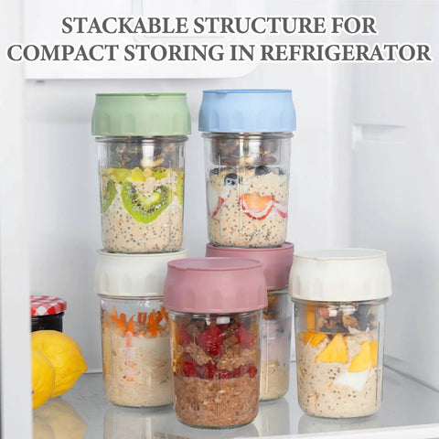 Stacked two pack overnight oats jars with lids and folding spoons divided compartments for fruit and nuts 16 ounce