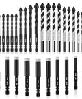 Diamond drill bit set, 30 pcs, black carbide-tipped masonry bits in assorted sizes; front view of two-row display.