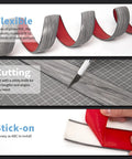 Peel And Stick Self Adhesive Vinyl Strip For Floor Gaps And Carpet Thresholds 10 Feet Long 1.57 Inches Wide Gray Durable PVC showing flexibility, cutting, and adhesive backing.
