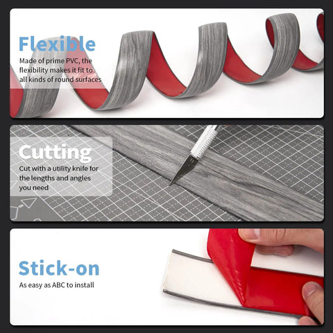 Peel And Stick Self Adhesive Vinyl Strip For Floor Gaps And Carpet Thresholds 10 Feet Long 1.57 Inches Wide Gray Durable PVC showing flexibility, cutting, and adhesive backing.