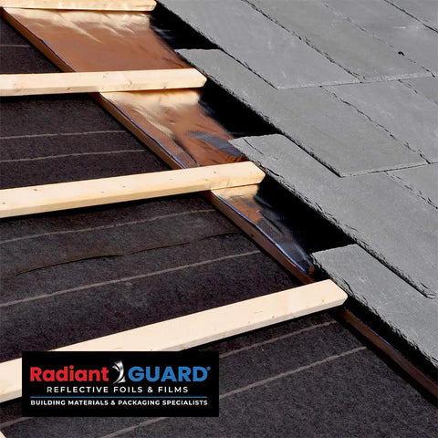 Top Tier Radiant Barrier Attic Insulation Covering 1000 Square Feet With Four Rugged 250 Foot Rolls installed under roofing.