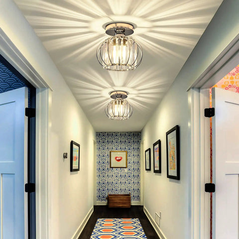 Sleek Modern Semi Flush Mount Ceiling Light Fixture With E26 Base Cool Crystal Mini Chandelier in chrome in hallway.