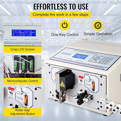 Fully Automatic Wire Cutting Stripping Peeling Machine with Microcomputer Control displaying LCD screen and controls.