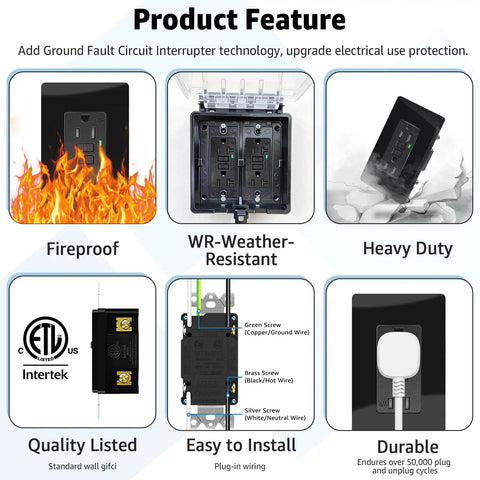 Premium Black GFCI Outlets 15 Amp 20 Pack With Bright LED Indicator And Weather Resistant Cover Includes Screwless Wall Plates And Hardware. Fireproof and heavy-duty features.