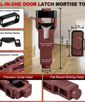 Door Hinge Template Kit For Router Aluminum Alloy Mortise Jig showing parts, red color, dimensions, and ergonomic handle