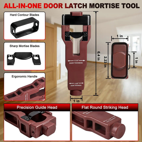 Door Hinge Template Kit For Router Aluminum Alloy Mortise Jig showing parts, red color, dimensions, and ergonomic handle
