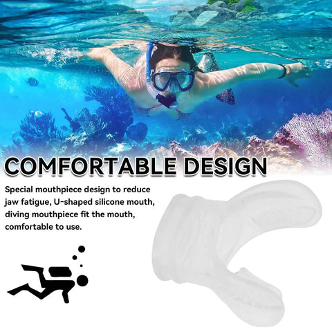 Scuba diver underwater with 4 Pack Silicone Mouthpiece For Scuba Regulator Replacement, Built Tough Comfort Bite, visible.