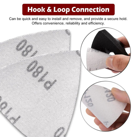 100 Piece Triangle Sanding Paper Set For Oscillating Tools, hook and loop connection demonstration, close-up of sanding sheets, 60 80 100 120 240 grit.