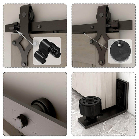 7 Ft Sliding Barn Door Hardware Kit With Floor Guide, Heavy Duty Modern Style, Holds Up To 330 Lbs, 1.875 In Thick Frosted Black Steel Track close-up of components.