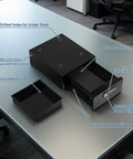 Heavy Duty Steel Under Desk Safe With Keypad Lock Featuring No Sweat Setup Hidden Slide Out Drawer showing pre-drilled holes and removable divider.