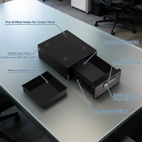 Heavy Duty Steel Under Desk Safe With Keypad Lock Featuring No Sweat Setup Hidden Slide Out Drawer showing pre-drilled holes and removable divider.