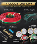 Acetylene Welding And Cutting Torch Kit For Home Garage Projects includes hose, goggles, regulators, wrench, tip cleaner, and lighter.