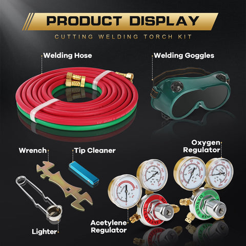 Acetylene Welding And Cutting Torch Kit For Home Garage Projects includes hose, goggles, regulators, wrench, tip cleaner, and lighter.