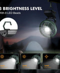 Clip On Camping Fan With LED Lantern Magnetic Base And Hanging Hook showcasing 3 brightness levels, hanging in a tent.