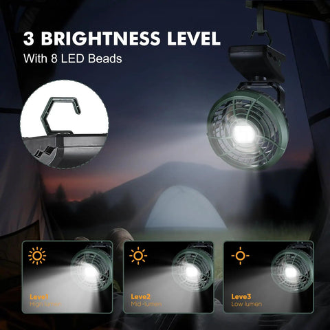 Clip On Camping Fan With LED Lantern Magnetic Base And Hanging Hook showcasing 3 brightness levels, hanging in a tent.