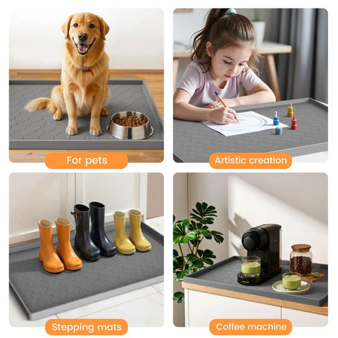 Dog sitting on Under Sink Waterproof Silicone Cabinet Mat 34 Inch by 22 Inch, Thick Edge Protector for kitchen and bathroom use.