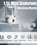 1.5L Mini Underwear Washer with clear lid, IP67 waterproof base, designed for deep cleaning small clothes, portable for travel.