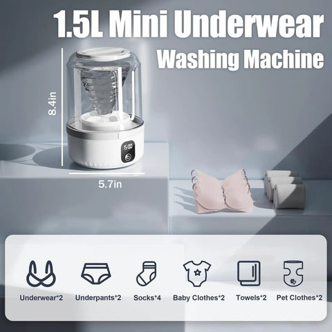 1.5L Mini Underwear Washer with clear lid, IP67 waterproof base, designed for deep cleaning small clothes, portable for travel.