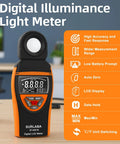 Ultra-Accurate Digital Light Meter 0.1 to 400,000 Lux With Temperature Sensor, Max Min Hold, 90 Degree Rotatable Sensor for Photography, Indoor Lighting, and Plant Growth, front view