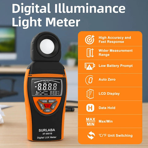 Ultra-Accurate Digital Light Meter 0.1 to 400,000 Lux With Temperature Sensor, Max Min Hold, 90 Degree Rotatable Sensor for Photography, Indoor Lighting, and Plant Growth, front view