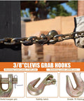 Image of 3/8 Clevis Grab Hooks Grade 70, showing a chain secured with a hook. Features include solid keeper pin and safety latch, 7100 lbs WLL.