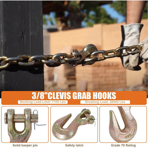 Image of 3/8 Clevis Grab Hooks Grade 70, showing a chain secured with a hook. Features include solid keeper pin and safety latch, 7100 lbs WLL.