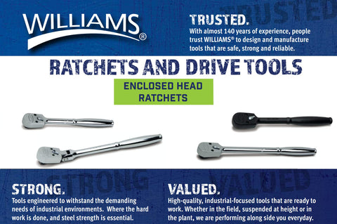 Half Inch Drive Enclosed Head Ratchet With Chrome Finish, 36-Tooth Gear, various designs and angles, displayed in a catalog image