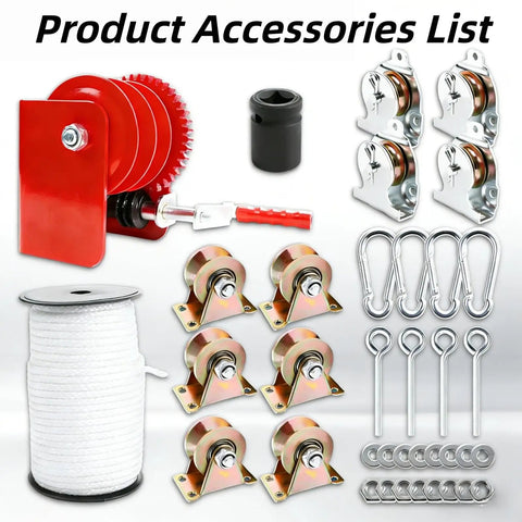 Product accessories for Beefed Up Heavy Duty Ceiling Mounted Garage Storage Lift System With 300 Lb Capacity, including pulley and rope.